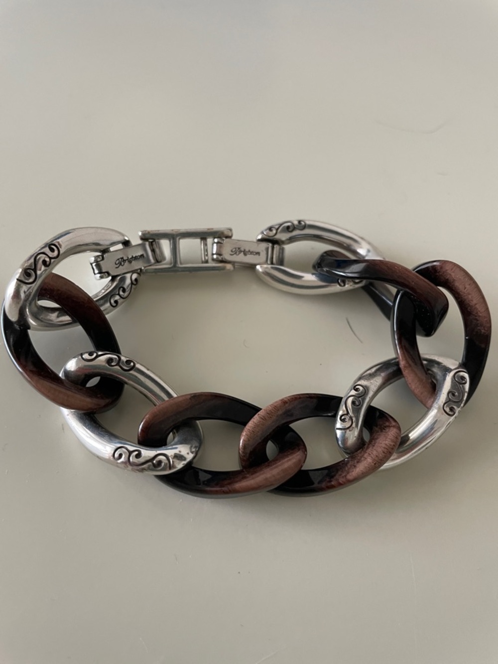 Chunky Brighton MILANO WALNUT Silver and Brown Tortoiseshell Oval Links Bracelet